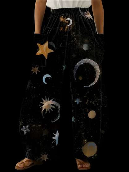 Elegant Cosmic Abstract Wide-Leg Trousers – Unisex Fashion Collection - ALOE WINGS STORE