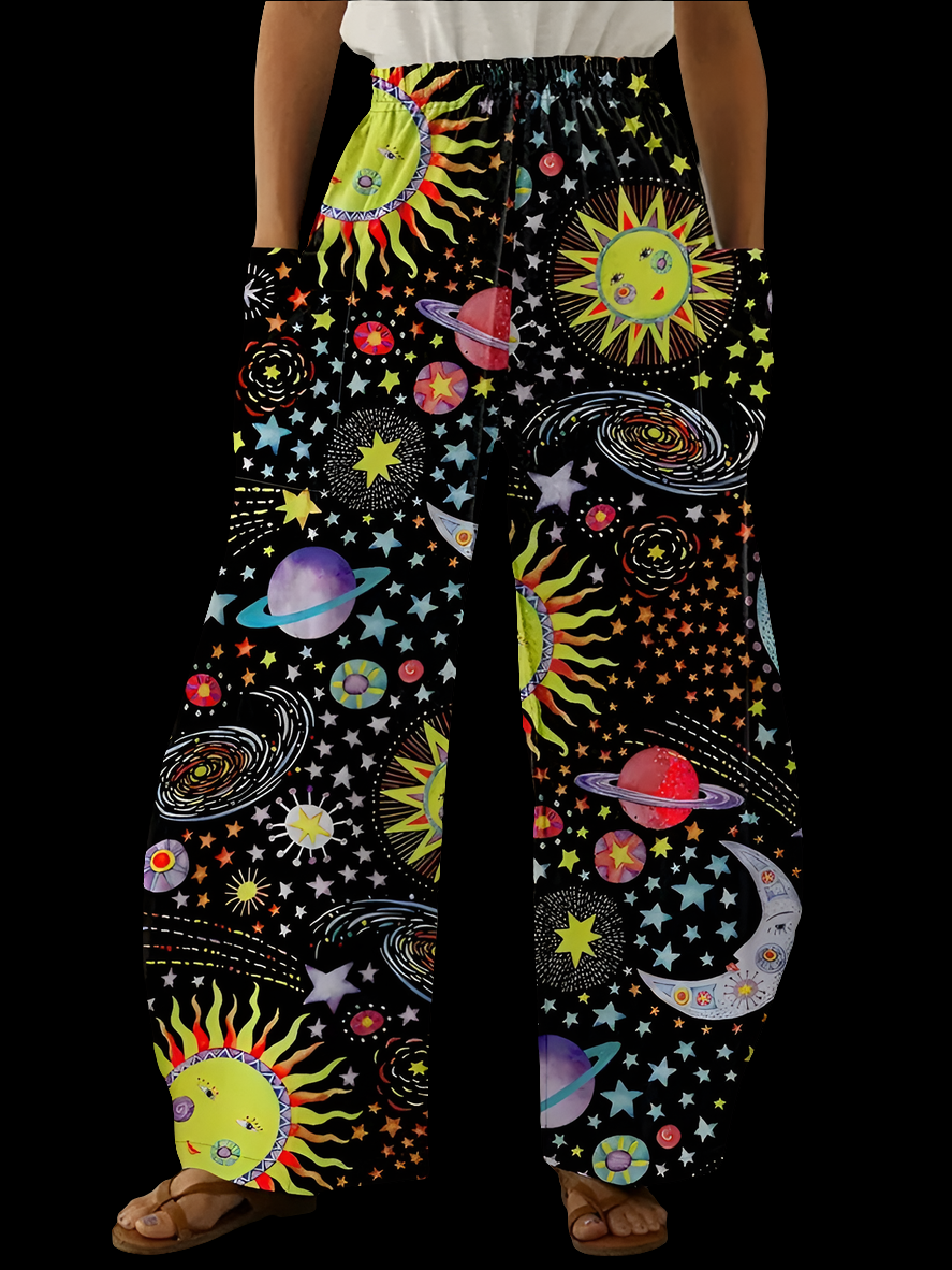 Elegant Cosmic Abstract Wide-Leg Trousers – Unisex Fashion Collection - ALOE WINGS STORE