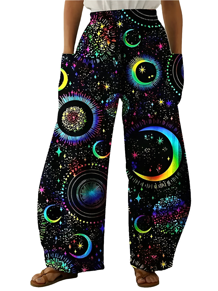 Elegant Cosmic Abstract Wide-Leg Trousers – Unisex Fashion Collection - ALOE WINGS STORE