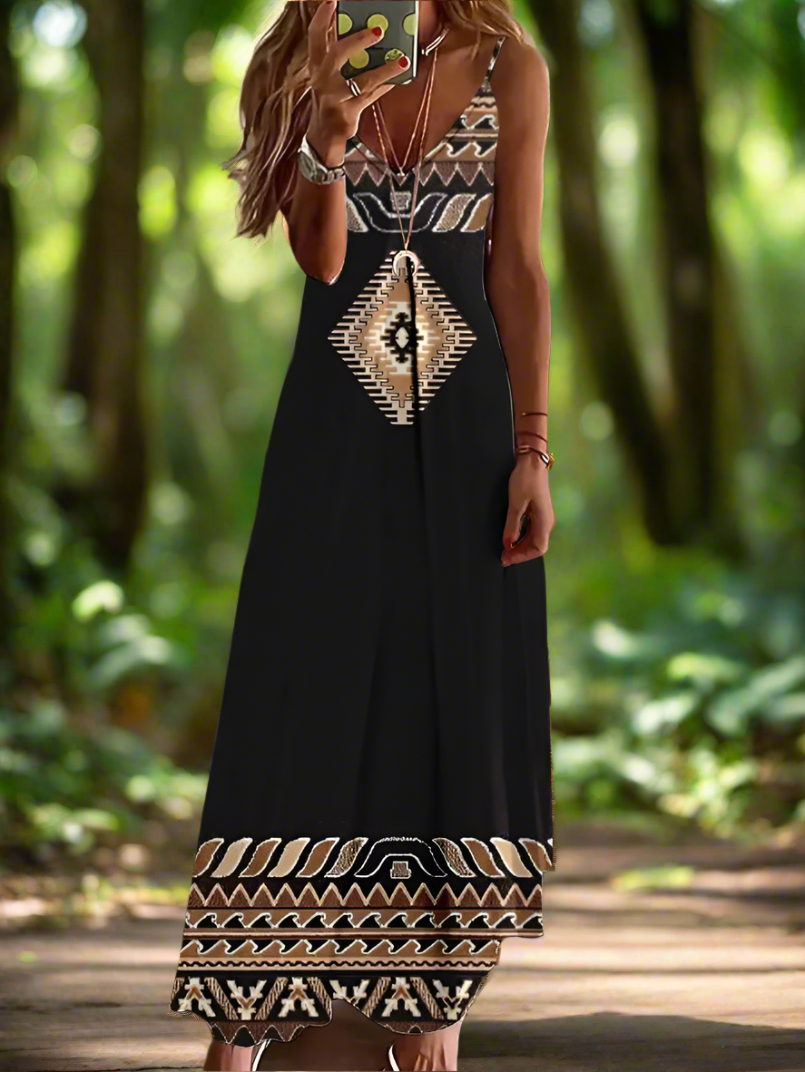 Indian Owl Totem Print Sleeveless V-Neck Long Dress Collection for Women - ALOE WINGS STORE