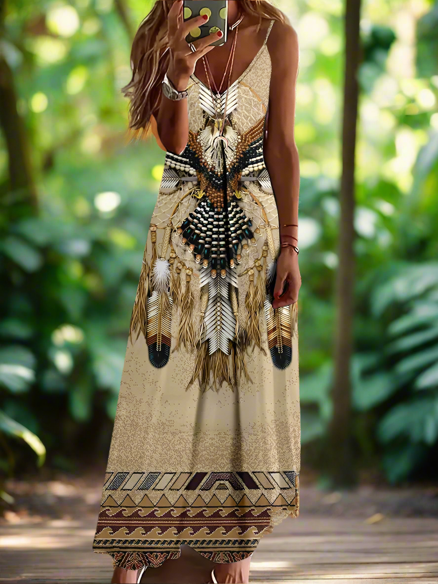 Indian Owl Totem Print Sleeveless V-Neck Long Dress Collection for Women - ALOE WINGS STORE