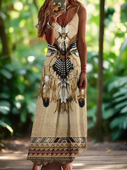 Indian Owl Totem Print Sleeveless V-Neck Long Dress Collection for Women - ALOE WINGS STORE