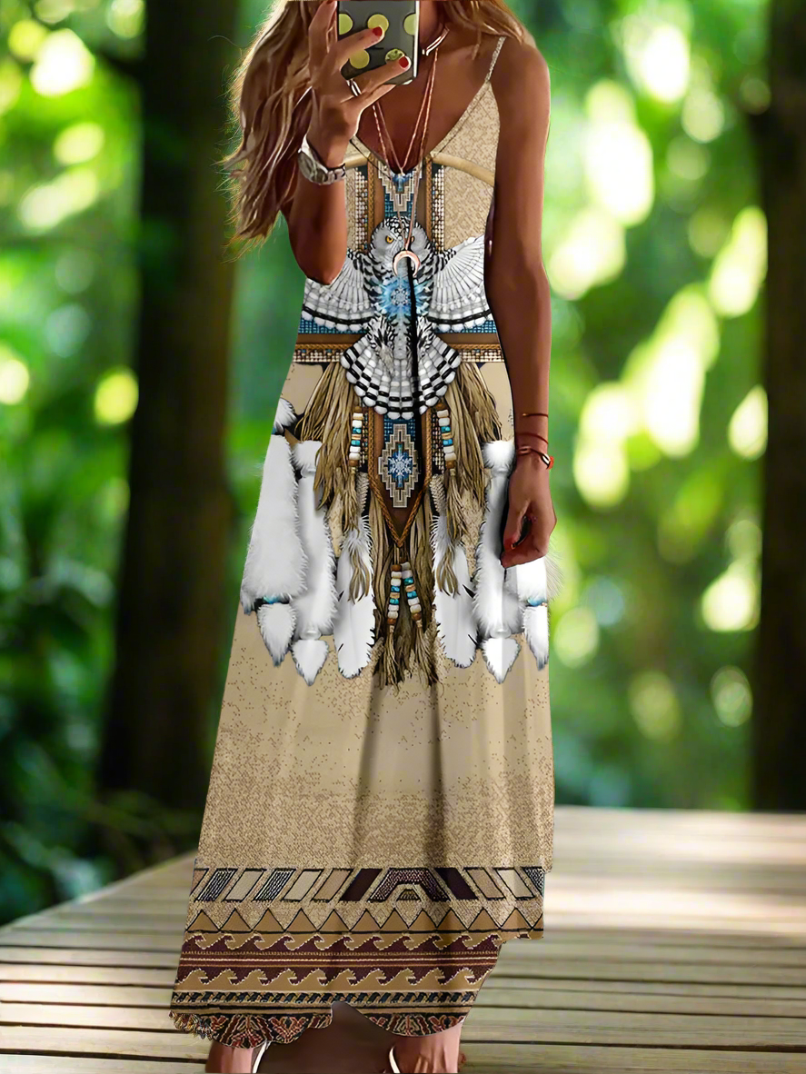 Indian Owl Totem Print Sleeveless V-Neck Long Dress Collection for Women - ALOE WINGS STORE