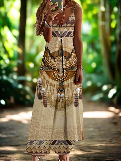Indian Owl Totem Print Sleeveless V-Neck Long Dress Collection for Women - ALOE WINGS STORE