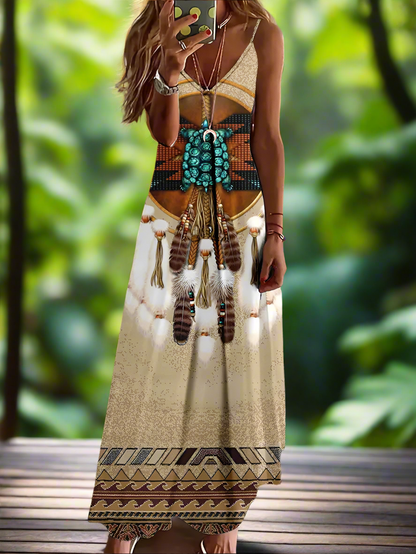 Indian Owl Totem Print Sleeveless V-Neck Long Dress Collection for Women - ALOE WINGS STORE