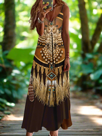 Indian Owl Totem Print Sleeveless V-Neck Long Dress Collection for Women - ALOE WINGS STORE