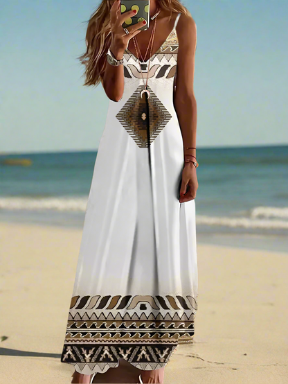 Indian Owl Totem Print Sleeveless V-Neck Long Dress Collection for Women - ALOE WINGS STORE