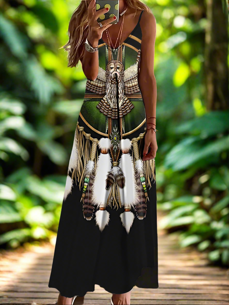 Indian Owl Totem Print Sleeveless V-Neck Long Dress Collection for Women - ALOE WINGS STORE