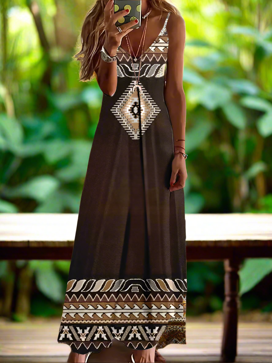 Indian Owl Totem Print Sleeveless V-Neck Long Dress Collection for Women - ALOE WINGS STORE