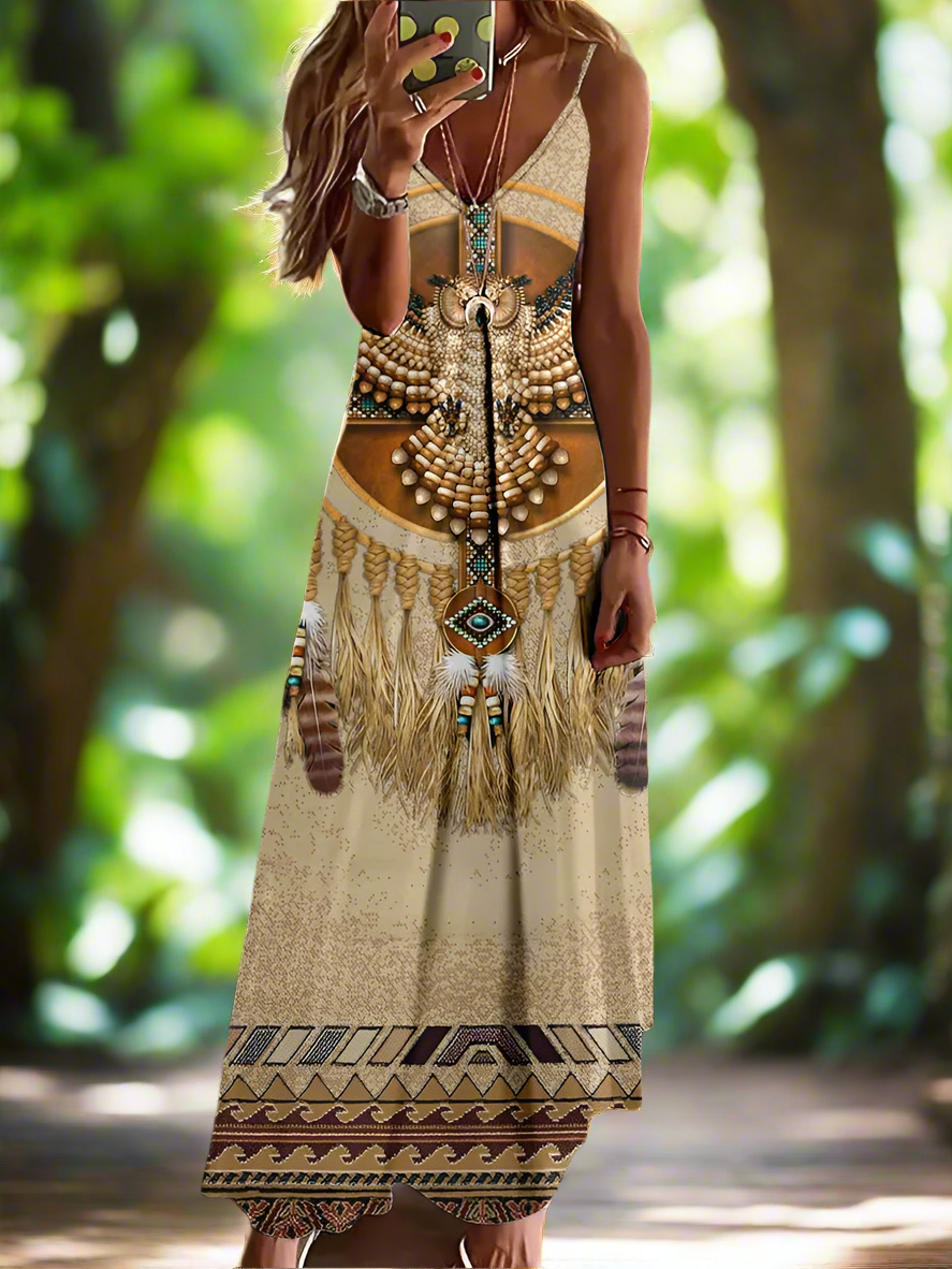 Indian Owl Totem Print Sleeveless V-Neck Long Dress Collection for Women - ALOE WINGS STORE