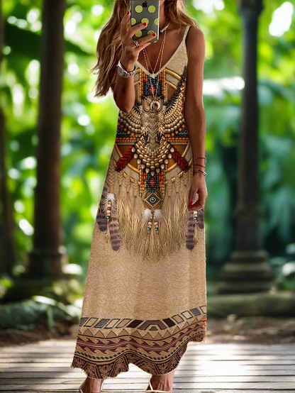 Indian Owl Totem Print Sleeveless V-Neck Long Dress Collection for Women - ALOE WINGS STORE