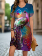 Women's 3D Peacock Print Gradient Scenery Short Sleeve Summer Mini Dress - Casual Fashion O-Neck Style Selection - ALOE WINGS STORE