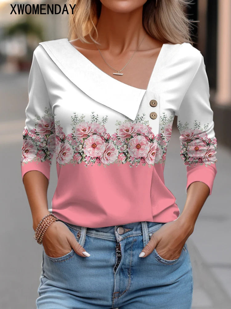 Floral Women's Top – Skew Neckline with Quarter-Length Sleeves
