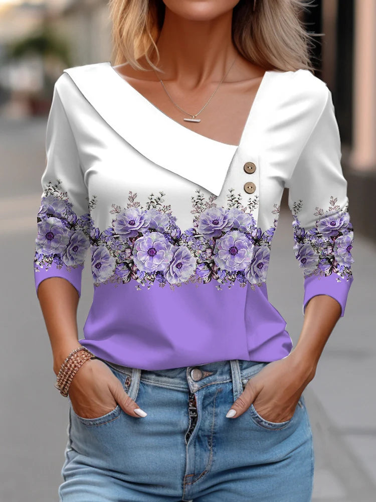 Floral Women's Top – Skew Neckline with Quarter-Length Sleeves