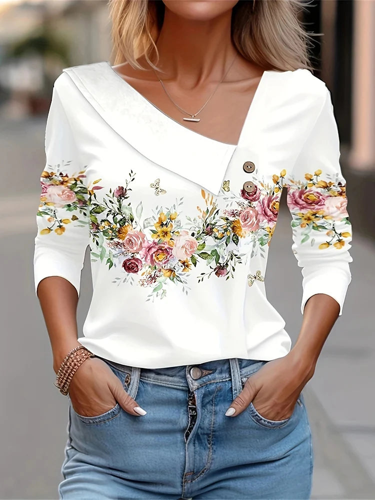 Floral Women's Top – Skew Neckline with Quarter-Length Sleeves