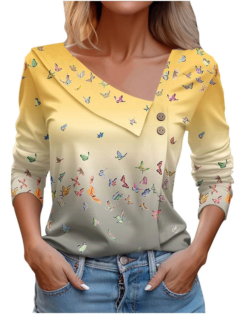 Floral Women's Top – Skew Neckline with Quarter-Length Sleeves