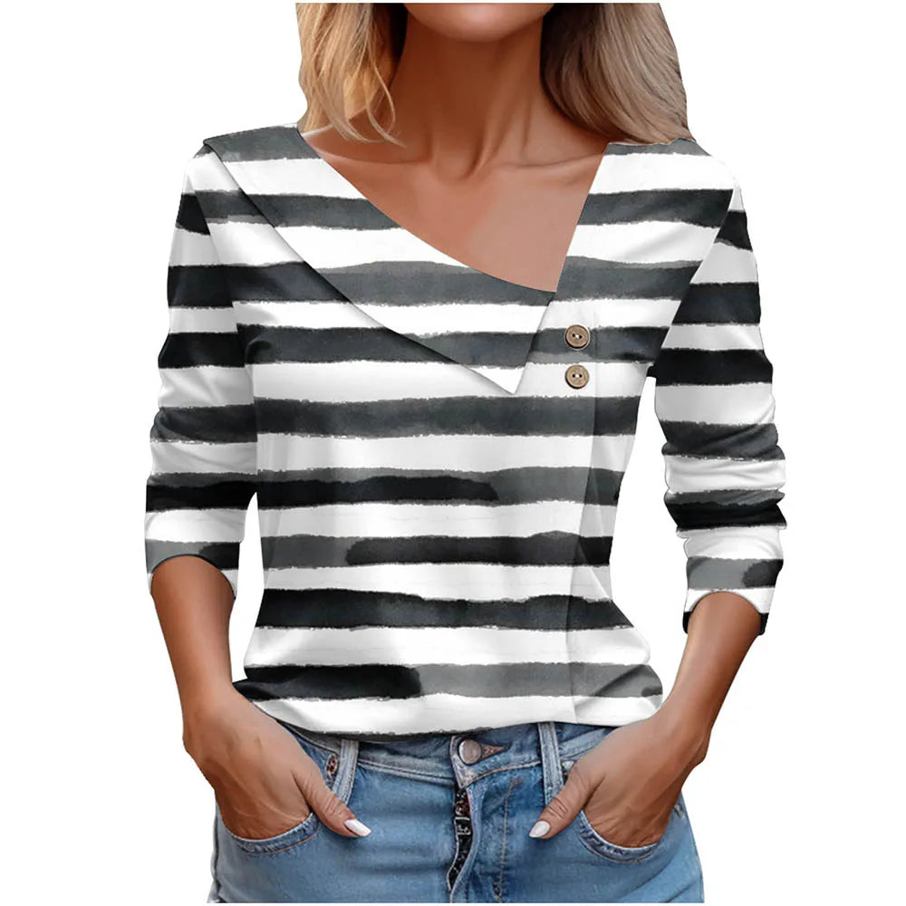 Floral Women's Top – Skew Neckline with Quarter-Length Sleeves