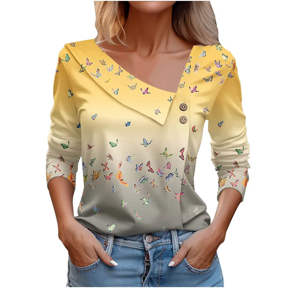 Floral Women's Top – Skew Neckline with Quarter-Length Sleeves