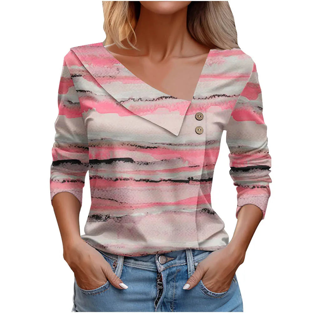 Floral Women's Top – Skew Neckline with Quarter-Length Sleeves