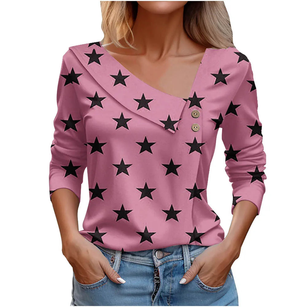 Floral Women's Top – Skew Neckline with Quarter-Length Sleeves
