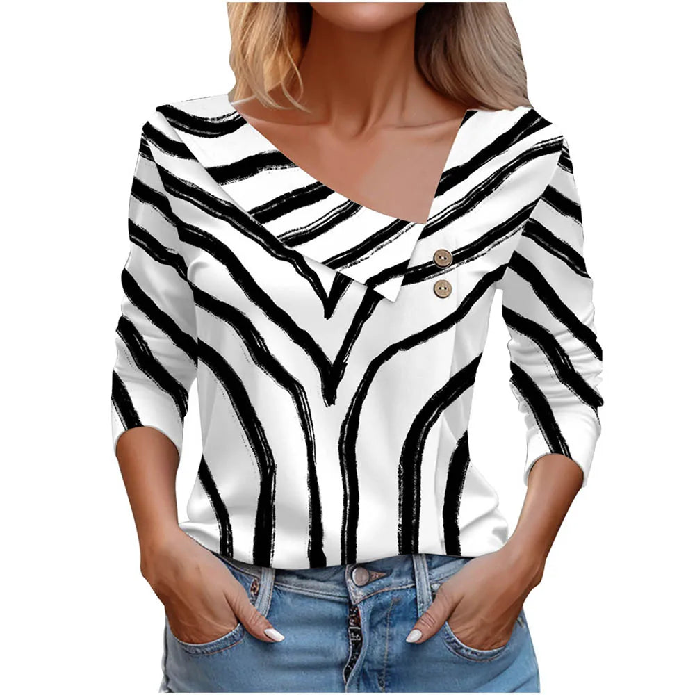 Floral Women's Top – Skew Neckline with Quarter-Length Sleeves