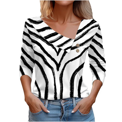 Floral Women's Top – Skew Neckline with Quarter-Length Sleeves