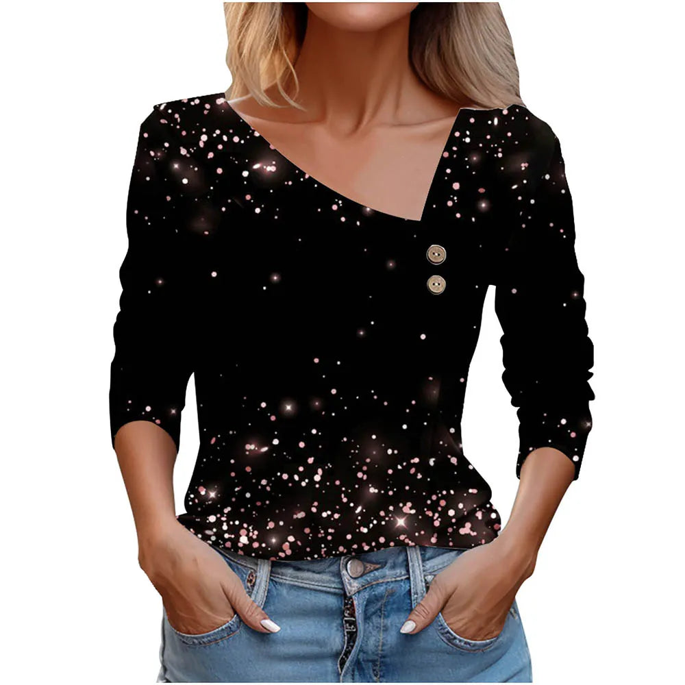 Floral Women's Top – Skew Neckline with Quarter-Length Sleeves