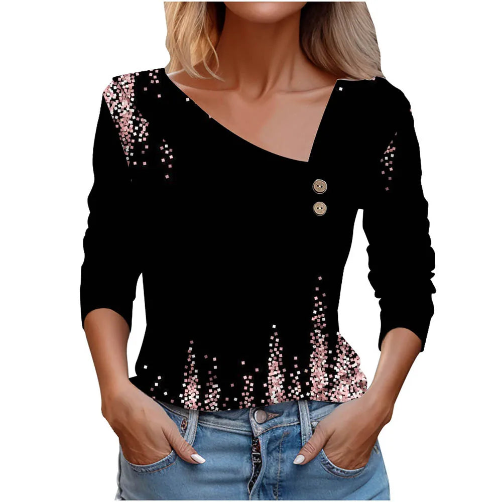 Floral Women's Top – Skew Neckline with Quarter-Length Sleeves