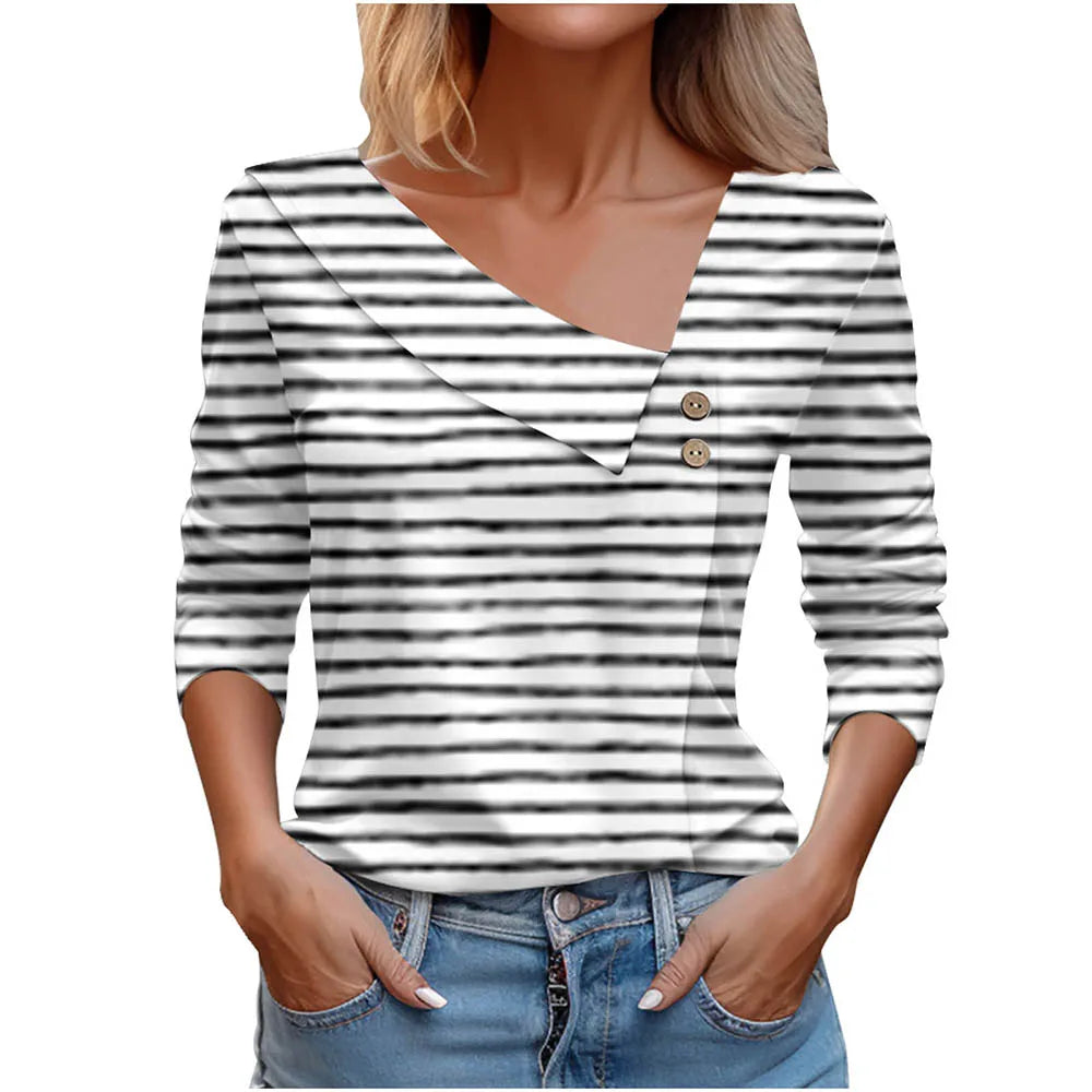 Floral Women's Top – Skew Neckline with Quarter-Length Sleeves
