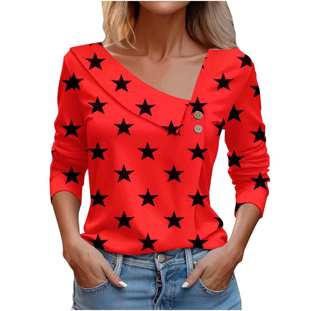 Floral Women's Top – Skew Neckline with Quarter-Length Sleeves