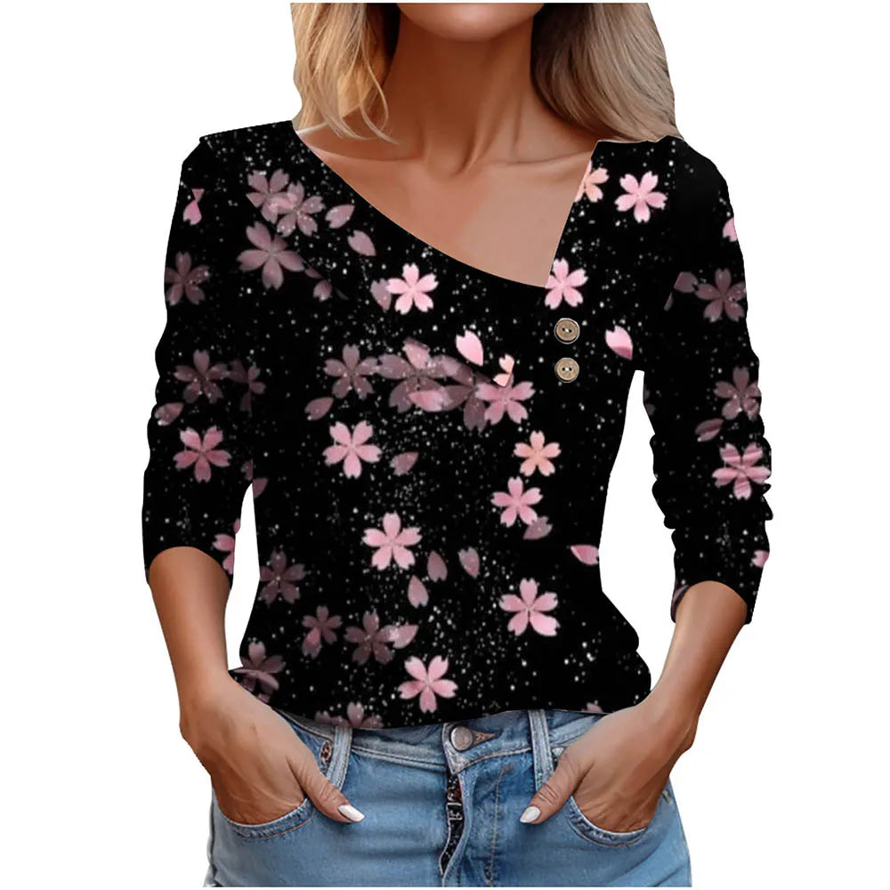 Floral Women's Top – Skew Neckline with Quarter-Length Sleeves