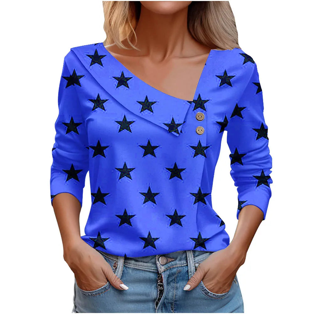 Floral Women's Top – Skew Neckline with Quarter-Length Sleeves
