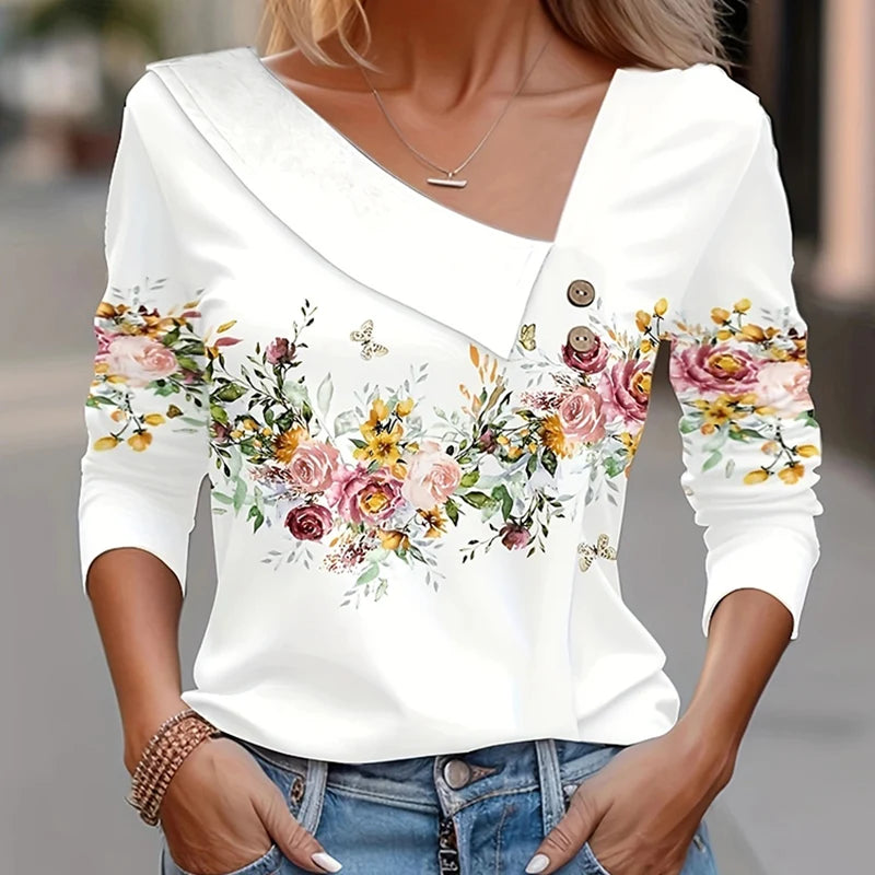 Floral Women's Top – Skew Neckline with Quarter-Length Sleeves
