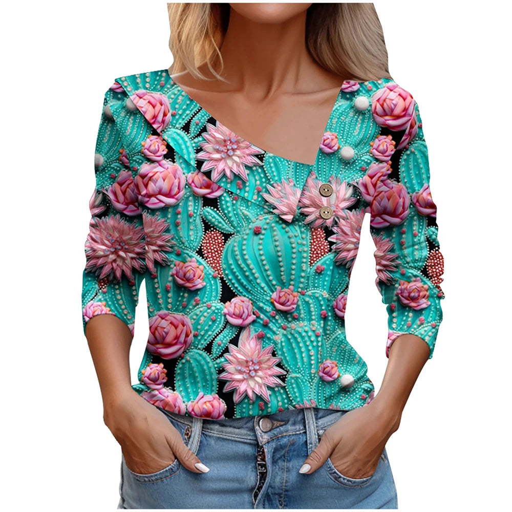 Floral Women's Top – Skew Neckline with Quarter-Length Sleeves