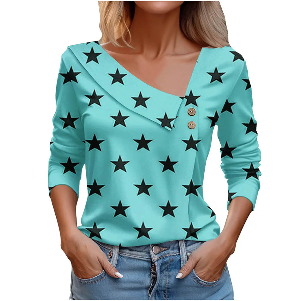 Floral Women's Top – Skew Neckline with Quarter-Length Sleeves