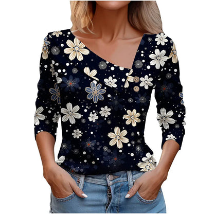 Floral Women's Top – Skew Neckline with Quarter-Length Sleeves
