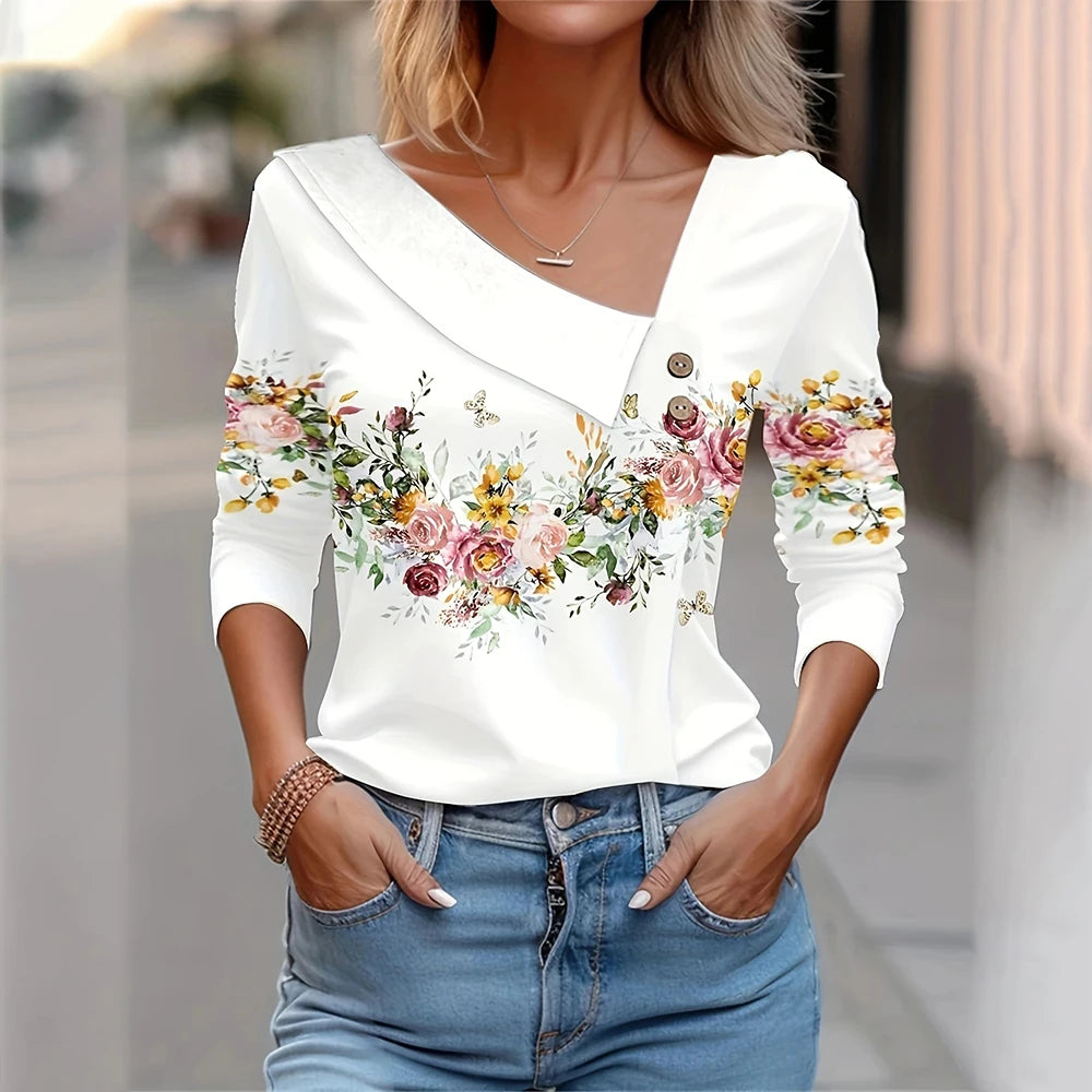 Floral Women's Top – Skew Neckline with Quarter-Length Sleeves