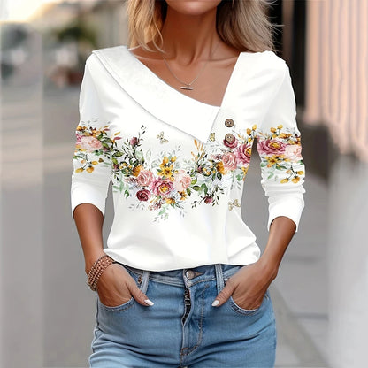 Floral Women's Top – Skew Neckline with Quarter-Length Sleeves