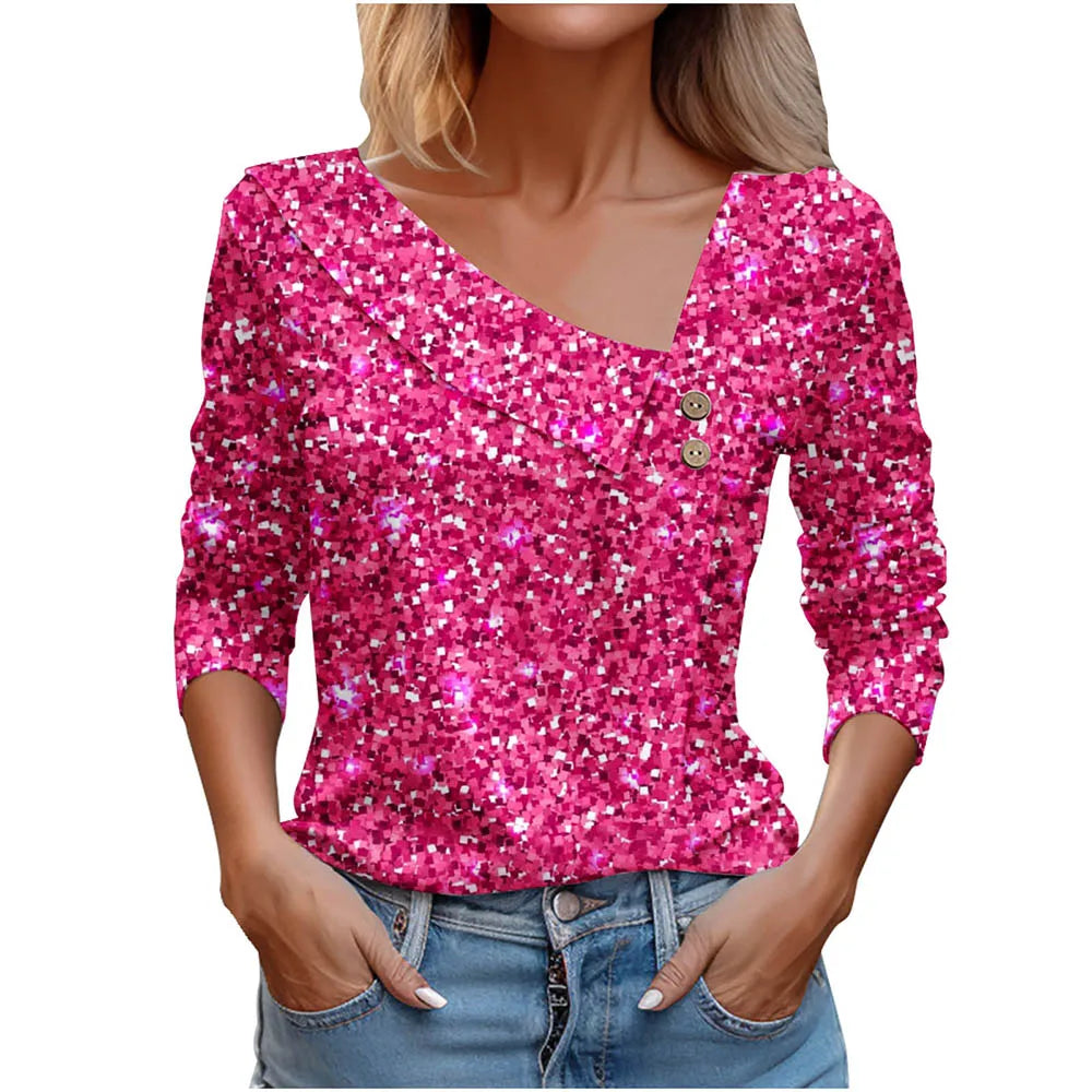 Floral Women's Top – Skew Neckline with Quarter-Length Sleeves