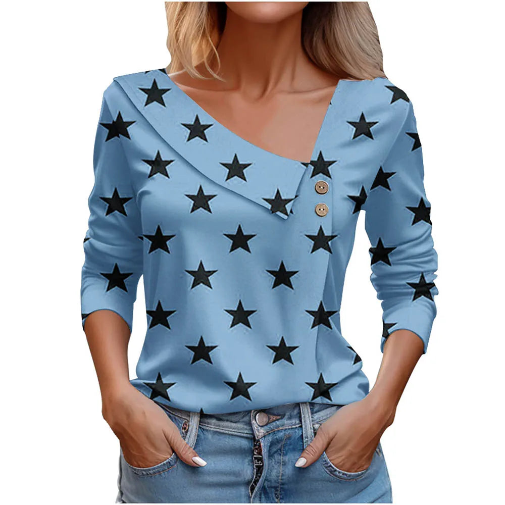 Floral Women's Top – Skew Neckline with Quarter-Length Sleeves