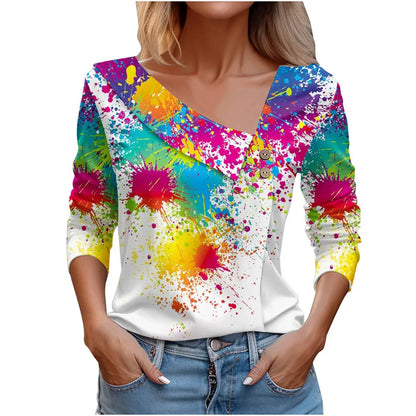 Floral Women's Top – Skew Neckline with Quarter-Length Sleeves