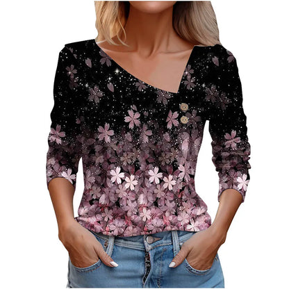 Floral Women's Top – Skew Neckline with Quarter-Length Sleeves