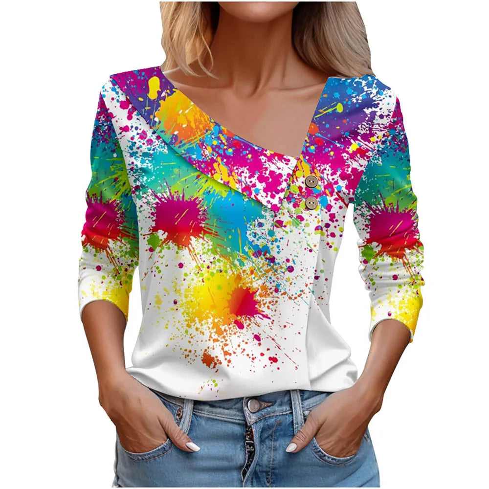Floral Women's Top – Skew Neckline with Quarter-Length Sleeves