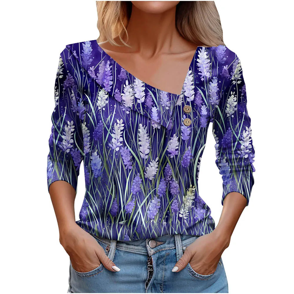 Floral Women's Top – Skew Neckline with Quarter-Length Sleeves