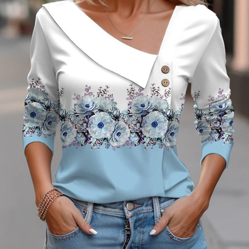 Floral Women's Top – Skew Neckline with Quarter-Length Sleeves