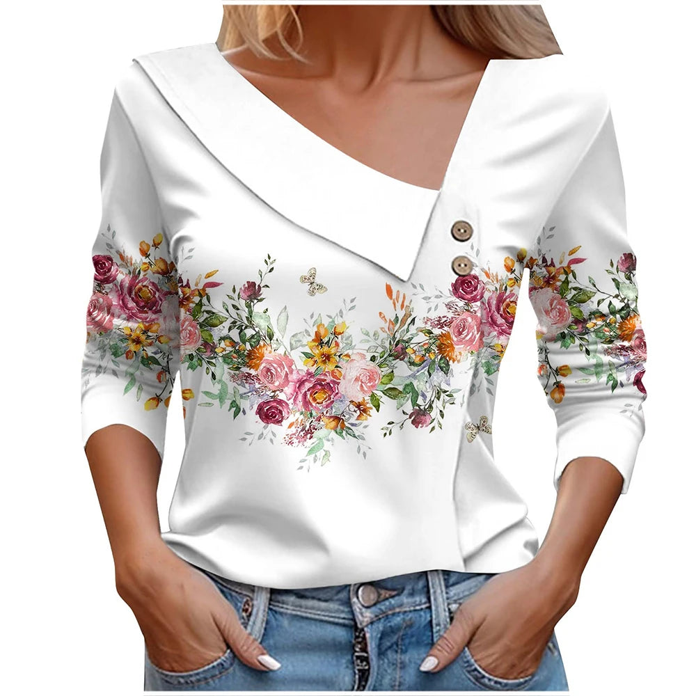 Floral Women's Top – Skew Neckline with Quarter-Length Sleeves