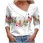 Floral Women's Top – Skew Neckline with Quarter-Length Sleeves