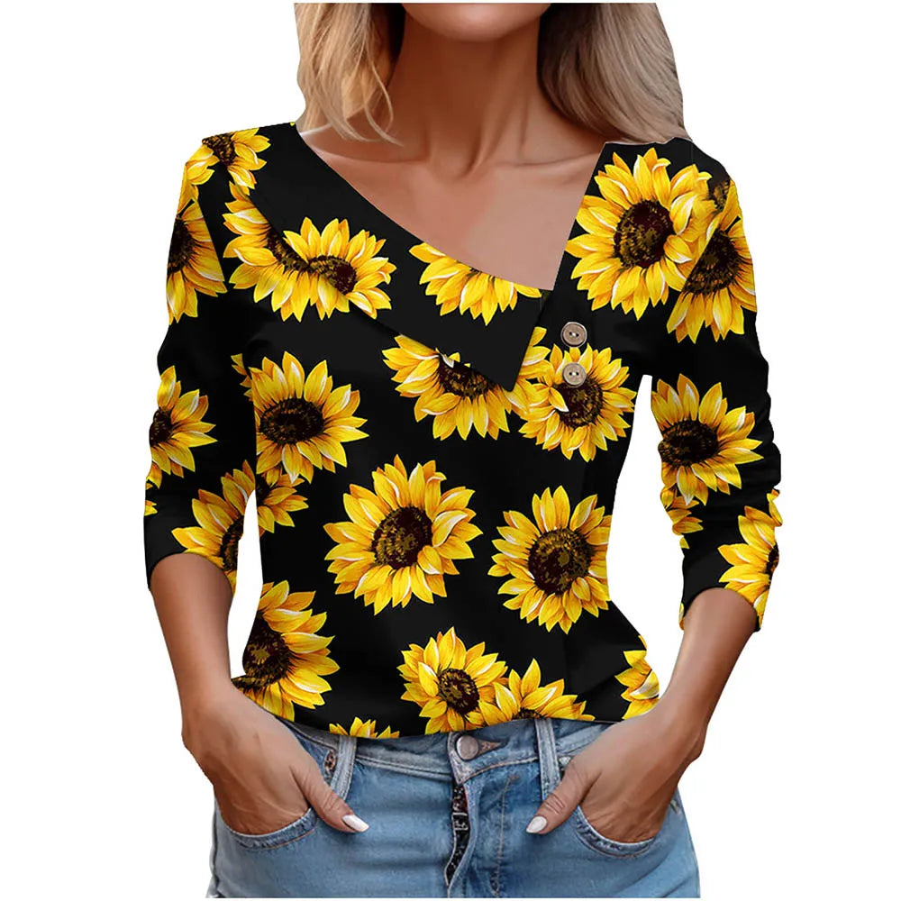 Floral Women's Top – Skew Neckline with Quarter-Length Sleeves