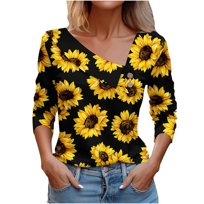 Floral Women's Top – Skew Neckline with Quarter-Length Sleeves