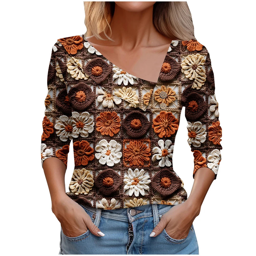 Floral Women's Top – Skew Neckline with Quarter-Length Sleeves